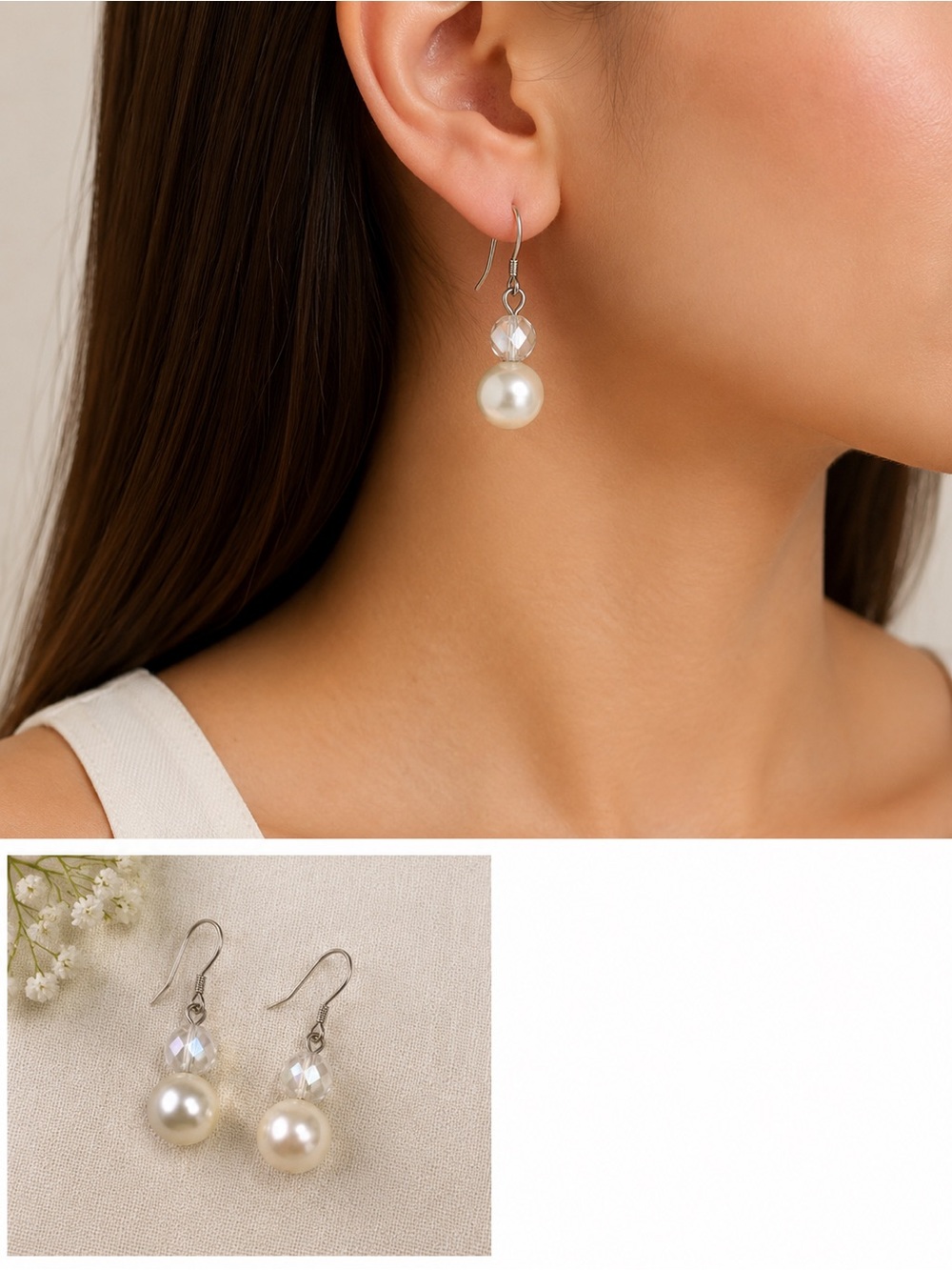 Cato White Pearl &‎ Clear Crystal Drop Earrings Elegant Wedding Minimalist Glam